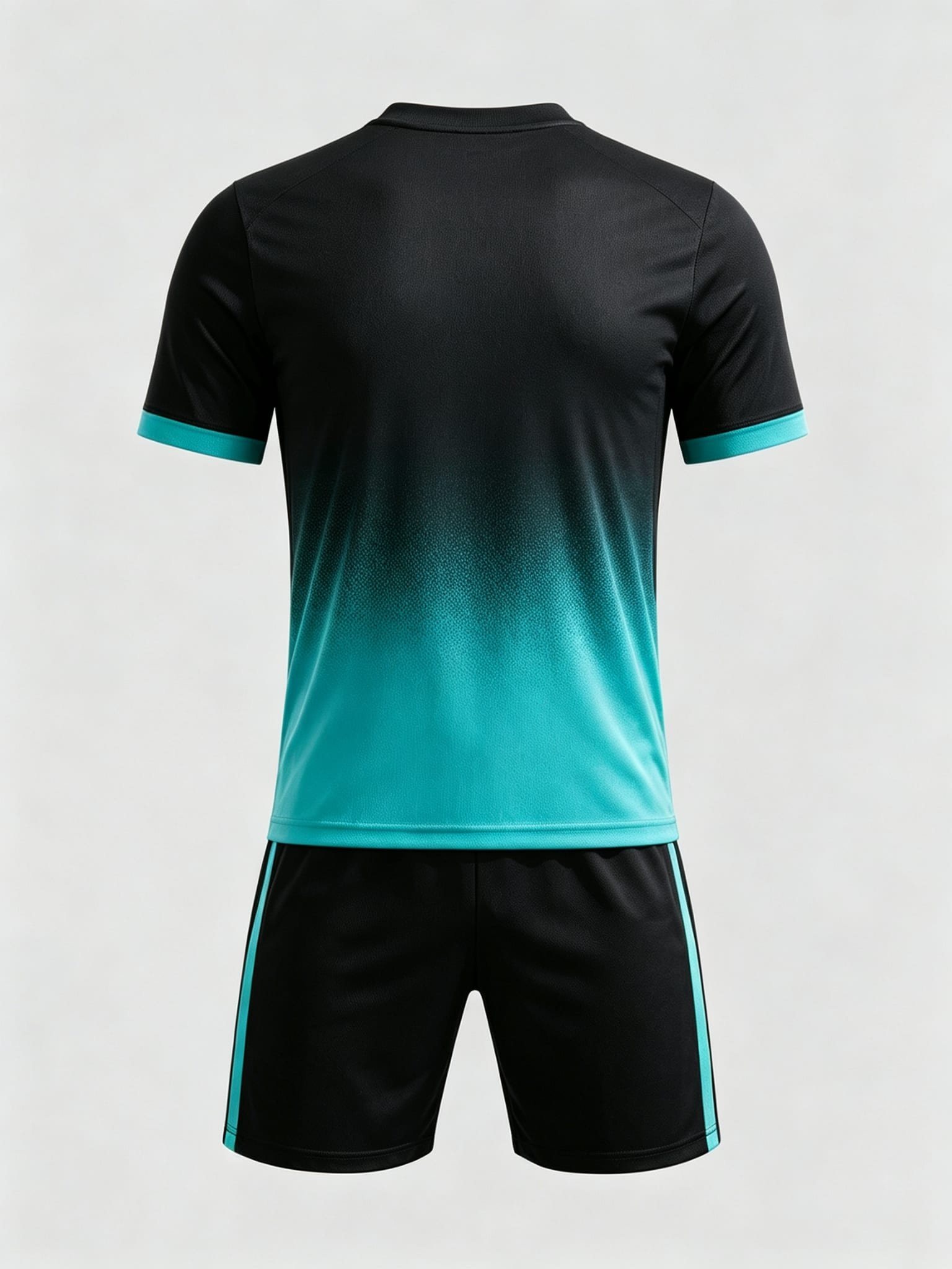DE029 Black-Teal Gradient Jersey custom soccer uniform set — back view, full pattern