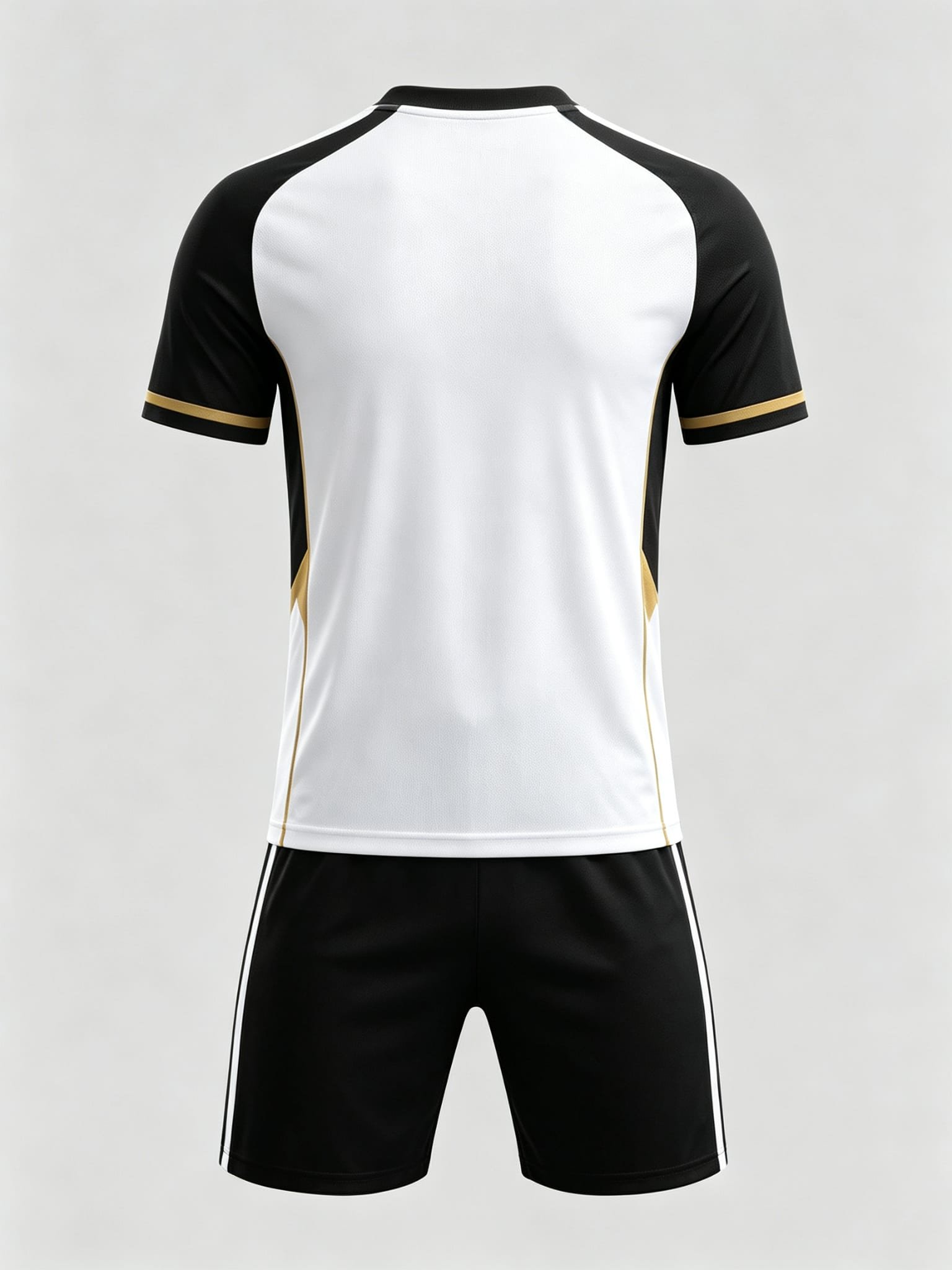 DE041 White-Black-Gold Jersey custom soccer uniform set — back view, plain number area