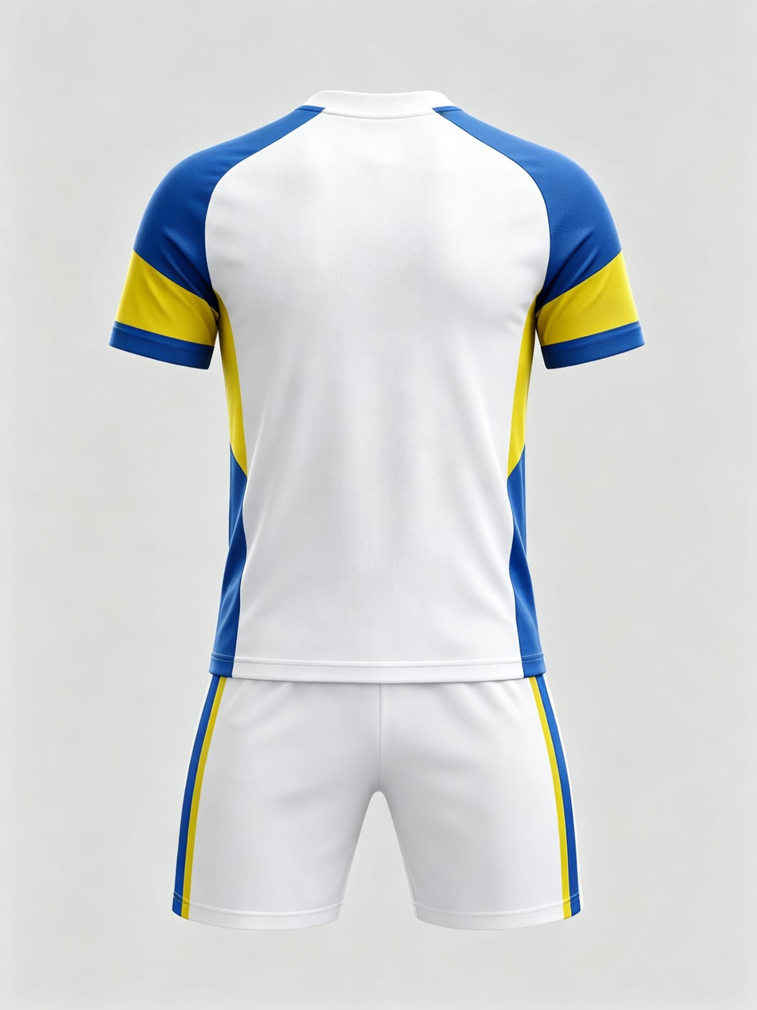 DE006 White-Blue-Yellow Jersey custom soccer uniform set — back view, plain number area