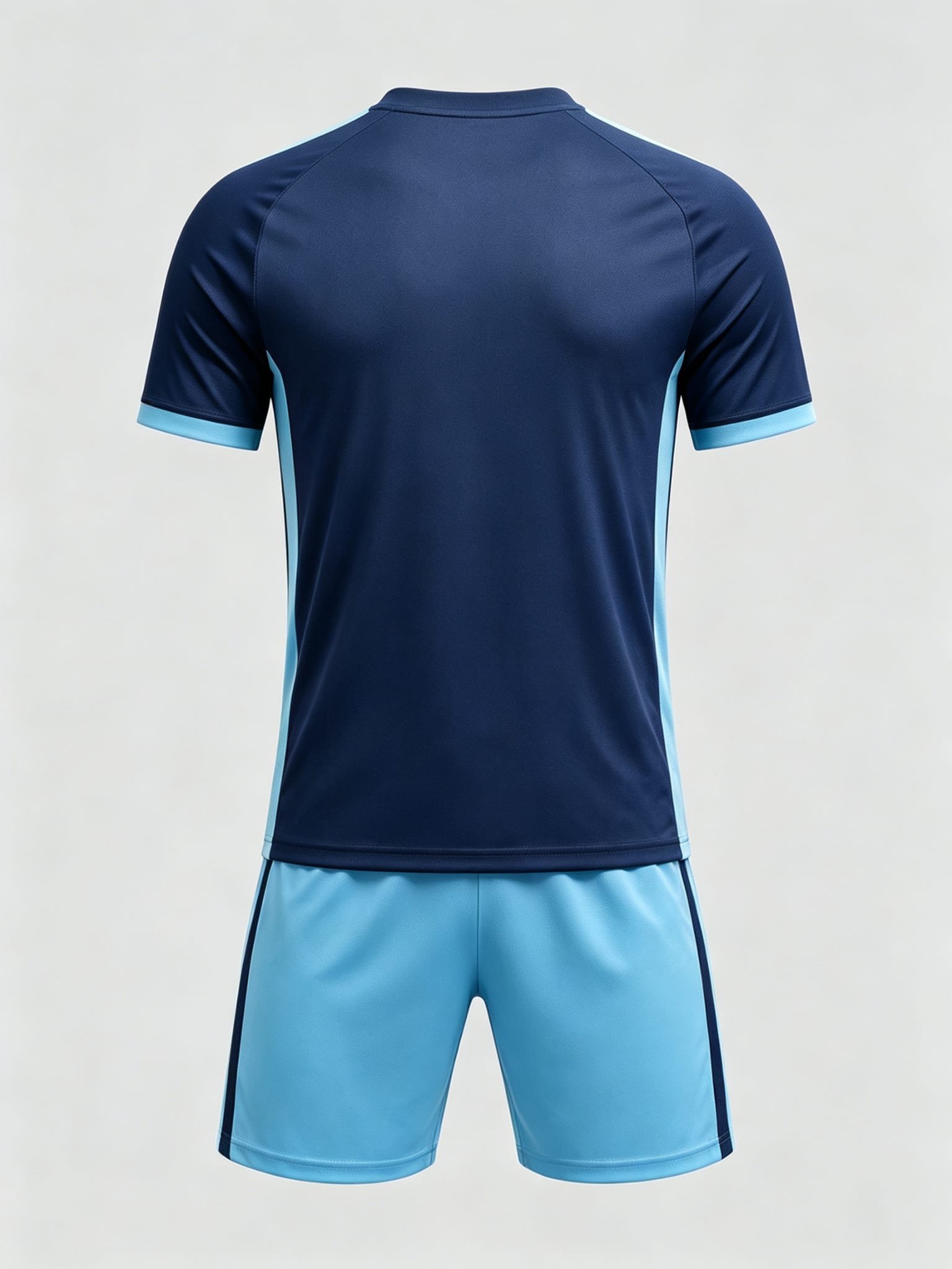 DE034 Navy Light-Blue Jersey custom soccer uniform set — back view, plain number area