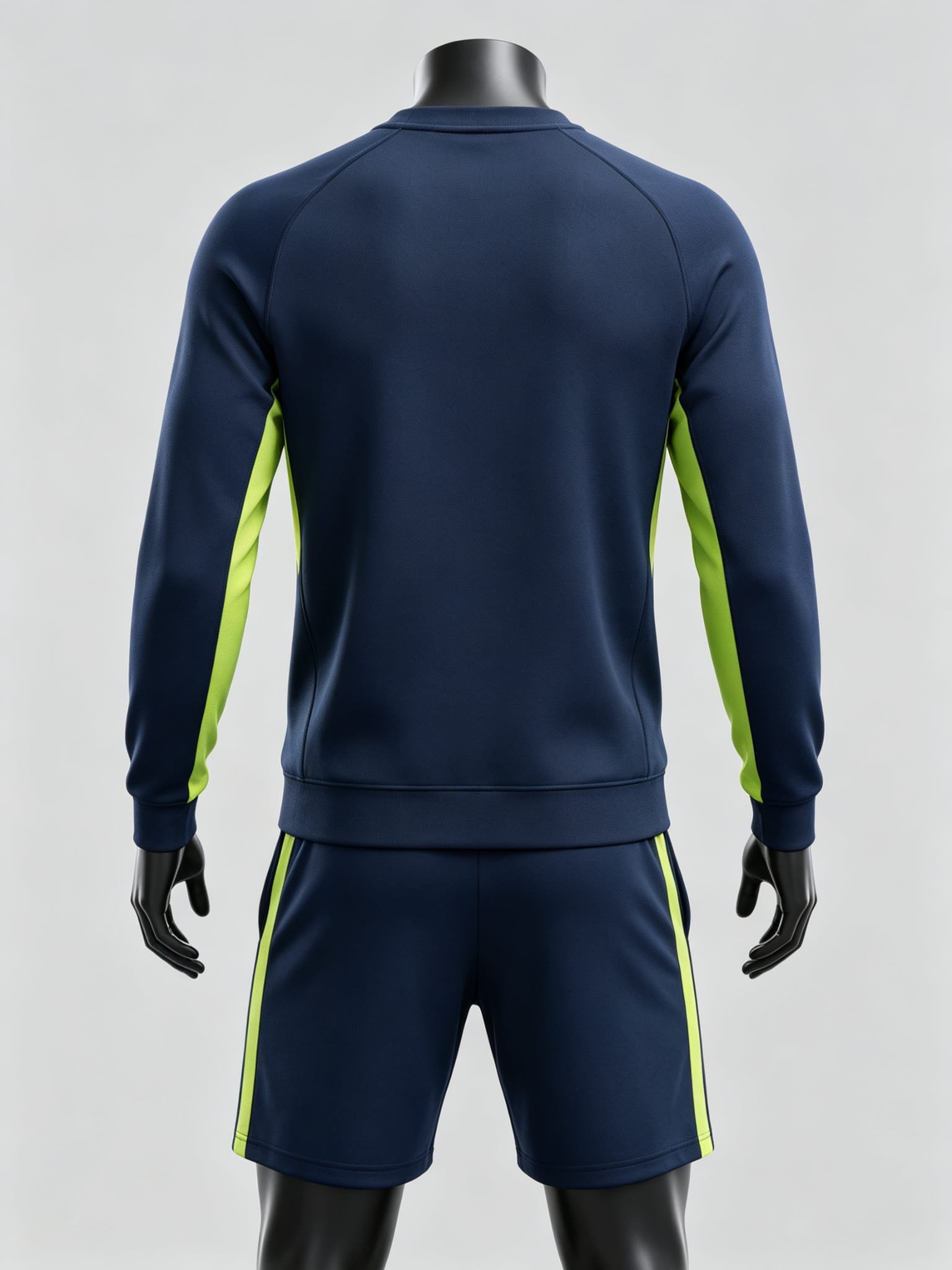 Custom navy blue pullover training kit with neon green trim, back view, plain print area