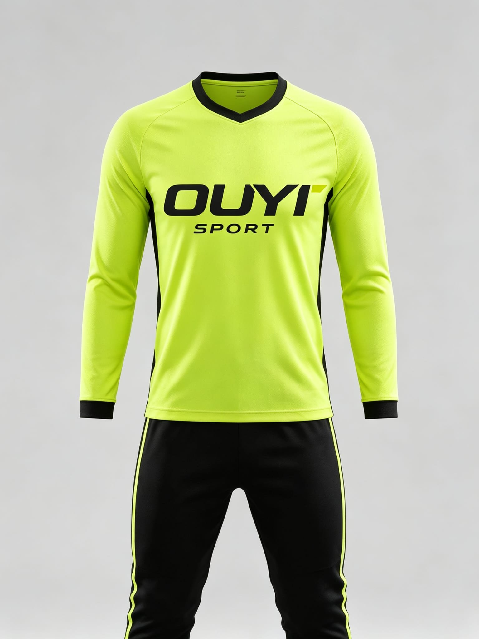 OUYI Fluorescent Green Long-Sleeve Goalkeeper DE043 complete GK uniform set front view