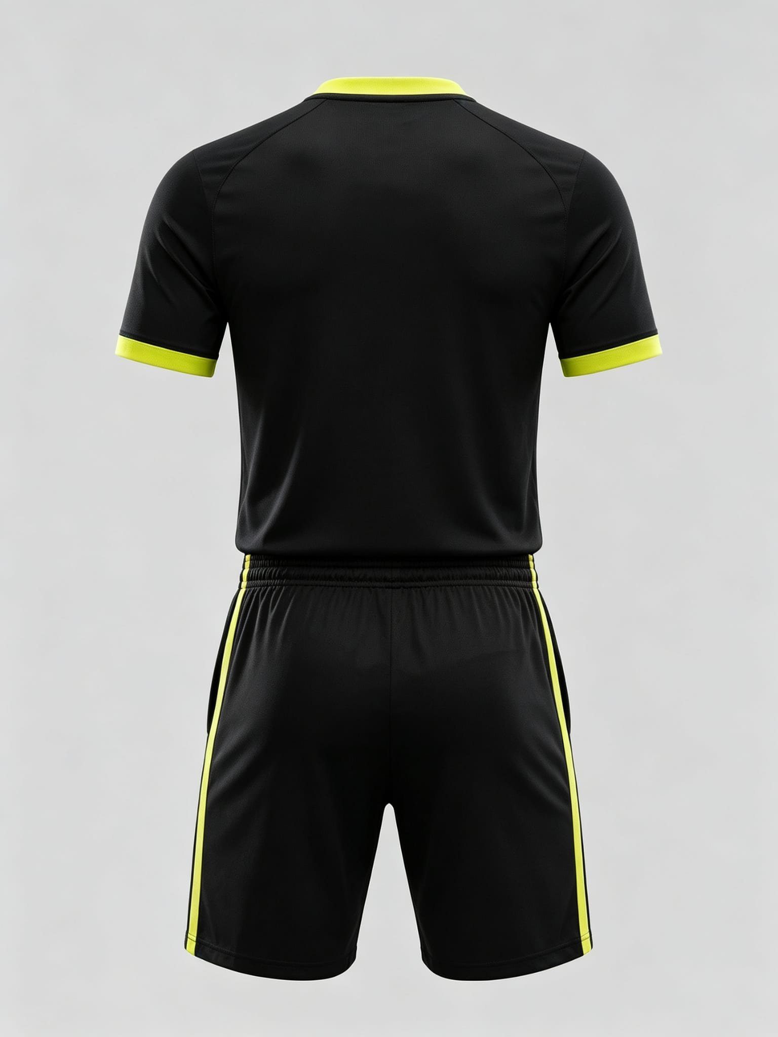 Custom referee uniform set, black with fluorescent yellow trim, back view, plain print area