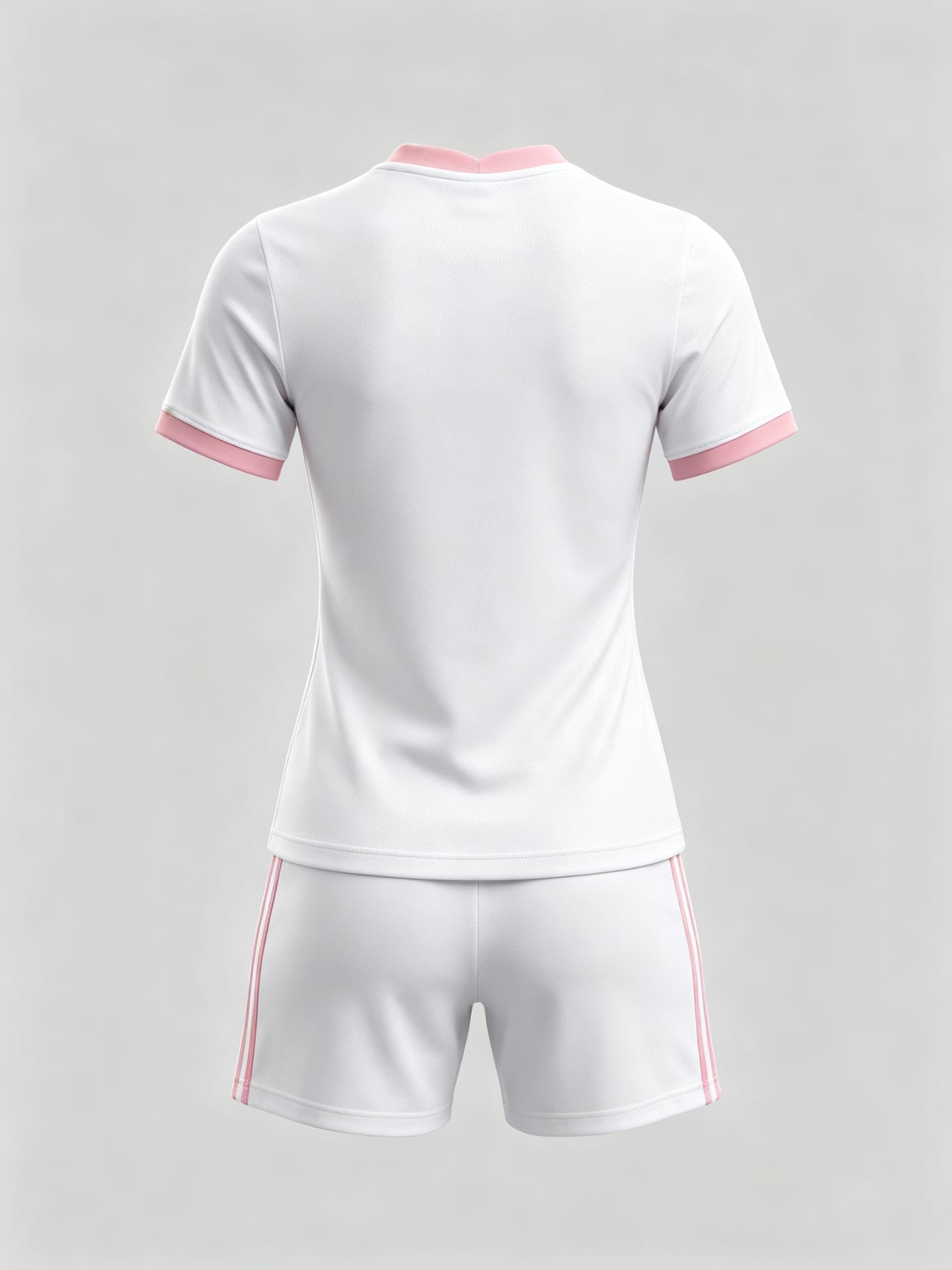 Custom women's soccer uniform set, white with pink trim, back view, plain number area