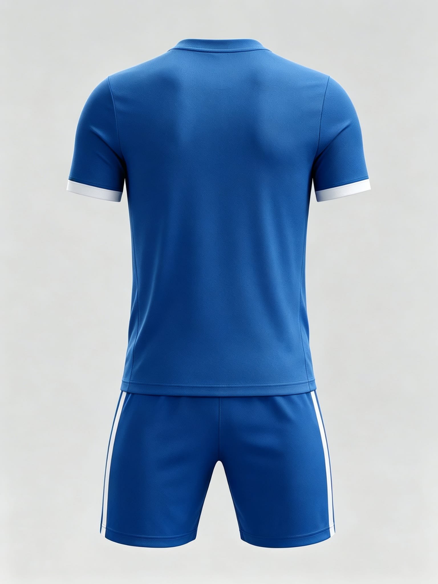 DE002 Blue-White Paneled Jersey custom soccer uniform set — back view, plain number area