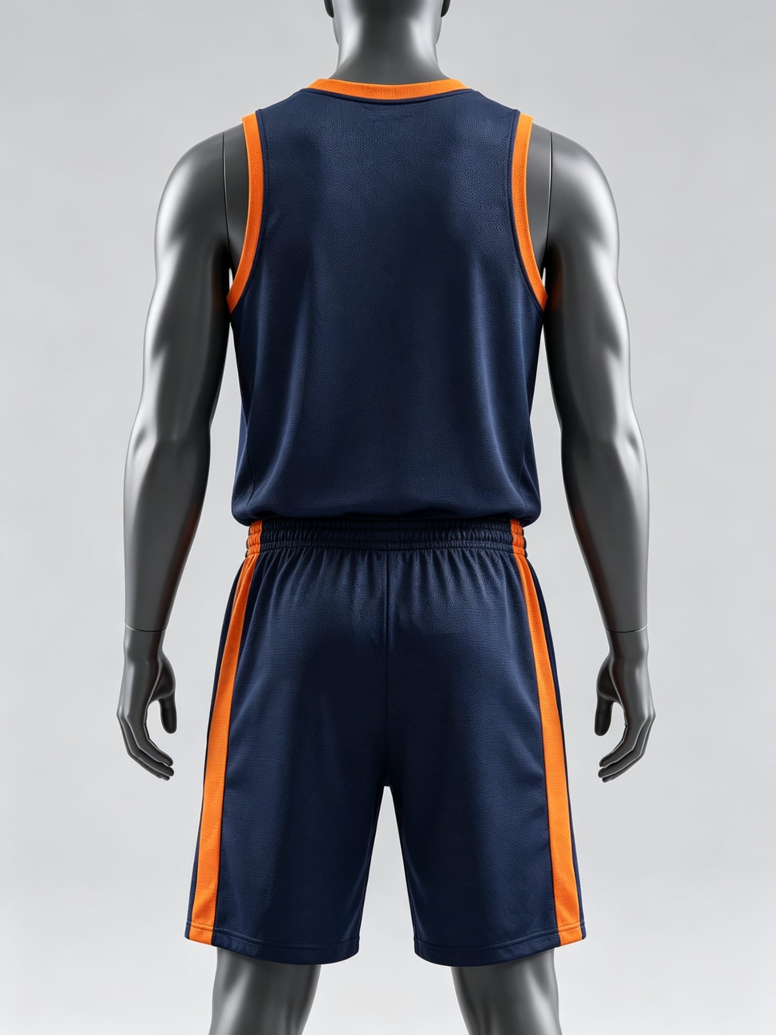 Custom navy basketball uniform set with orange trim, back view, plain number area