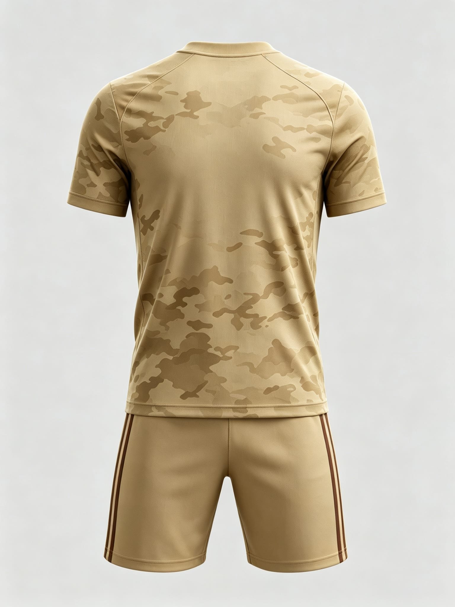 DE045 Khaki Camo Jersey custom soccer uniform set — back view, full pattern