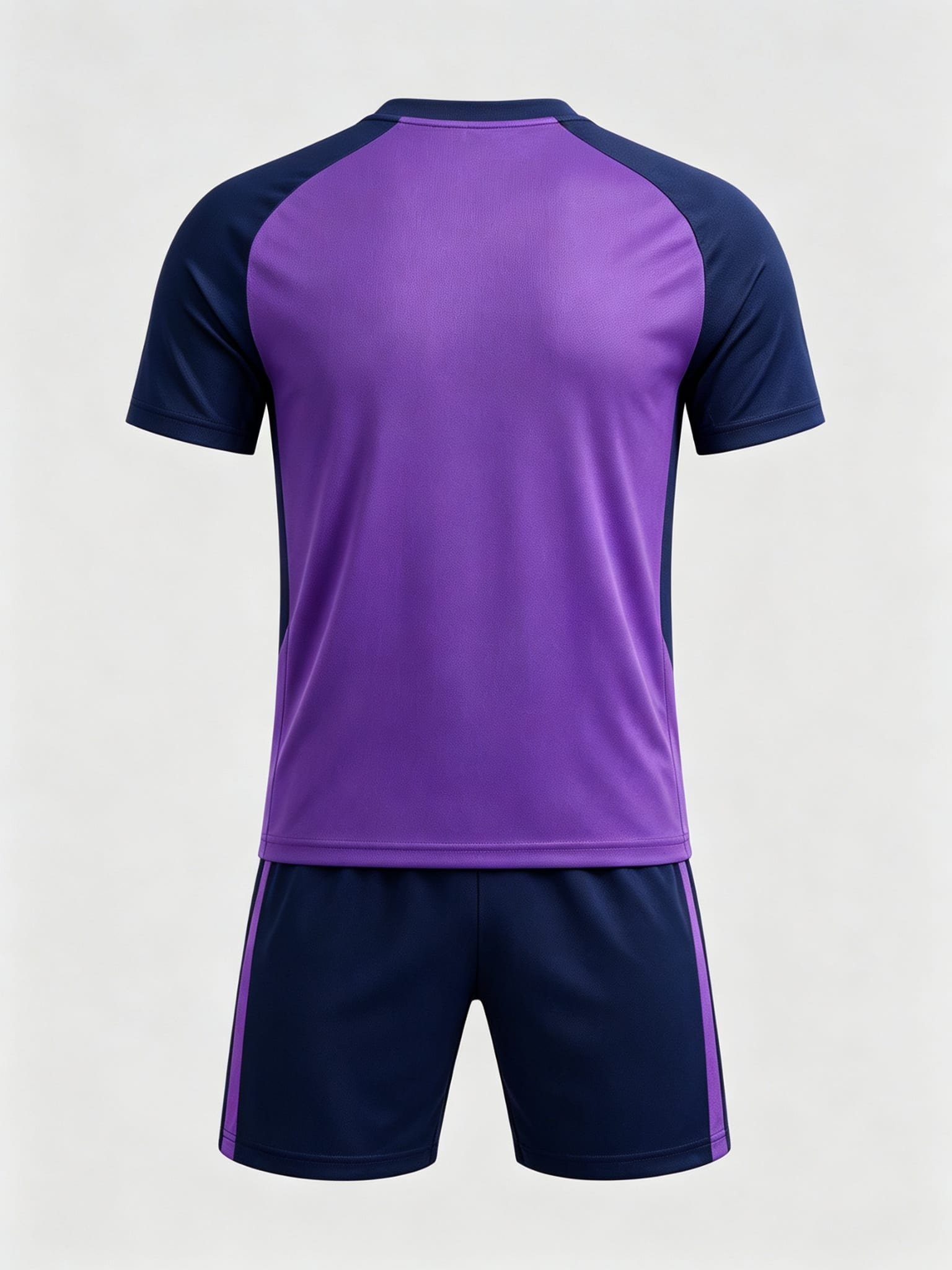 DE033 Purple Navy-Accent Jersey custom soccer uniform set — back view, plain number area