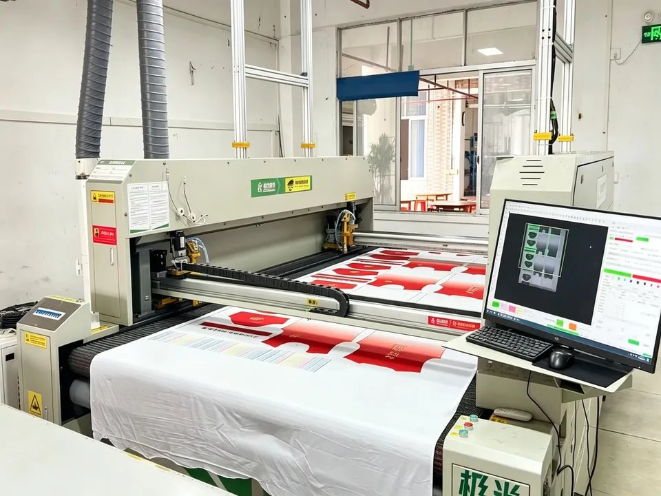 Laser cutting machine cutting printed fabric panels