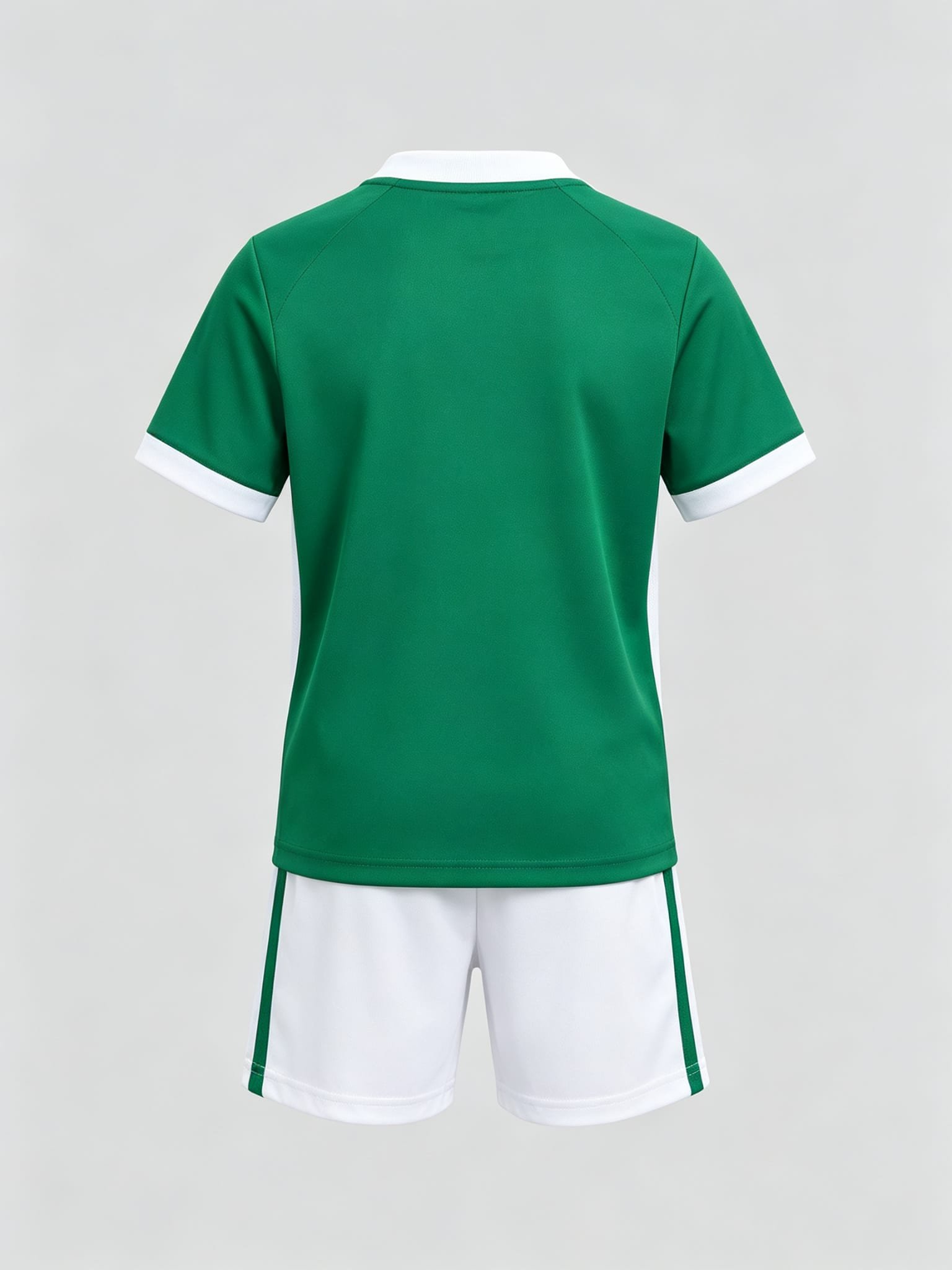 Custom kids soccer uniform set, green and white, back view, plain number area