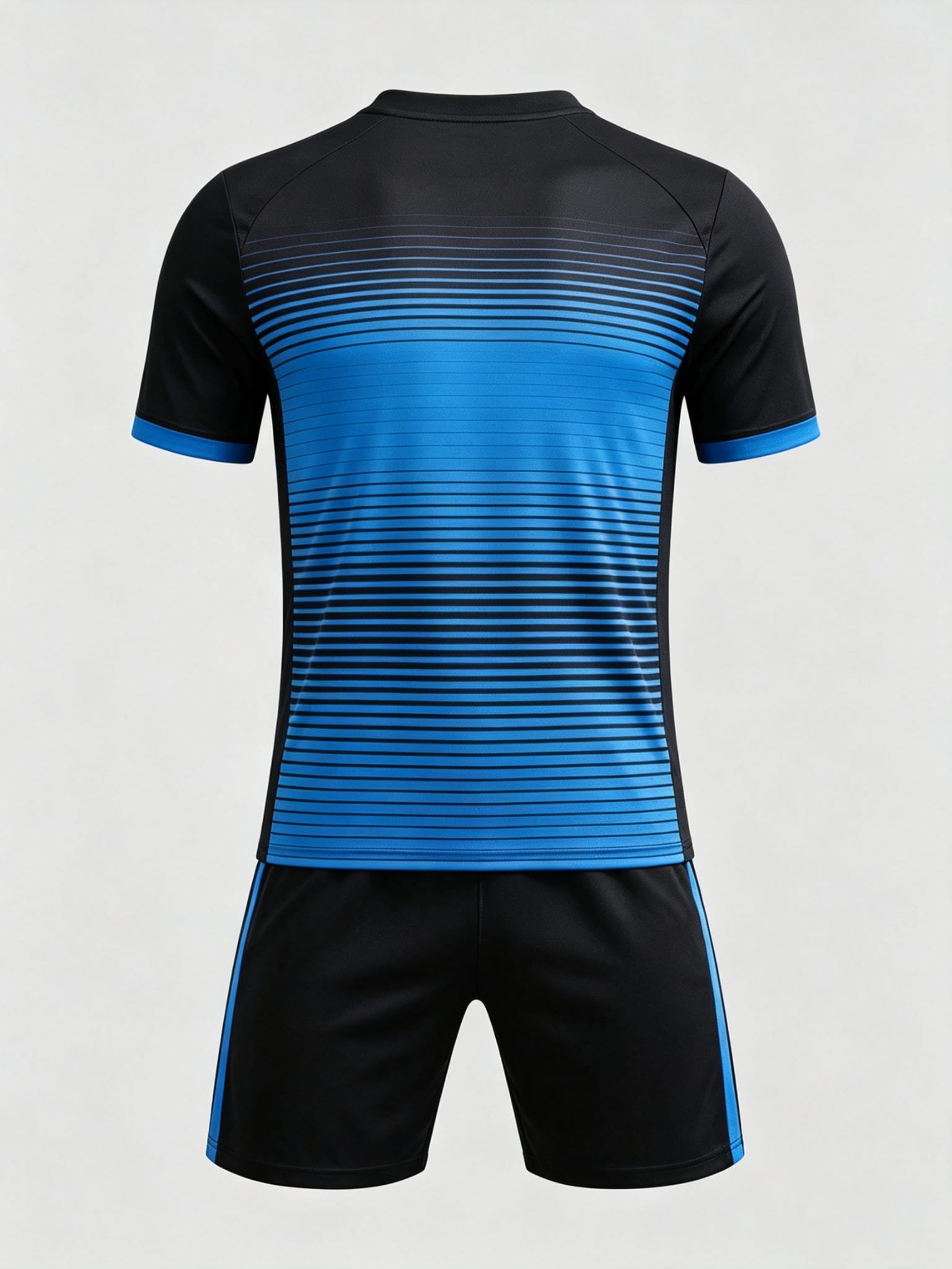 DE047 Blue-Black Striped Jersey custom soccer uniform set — back view, full pattern