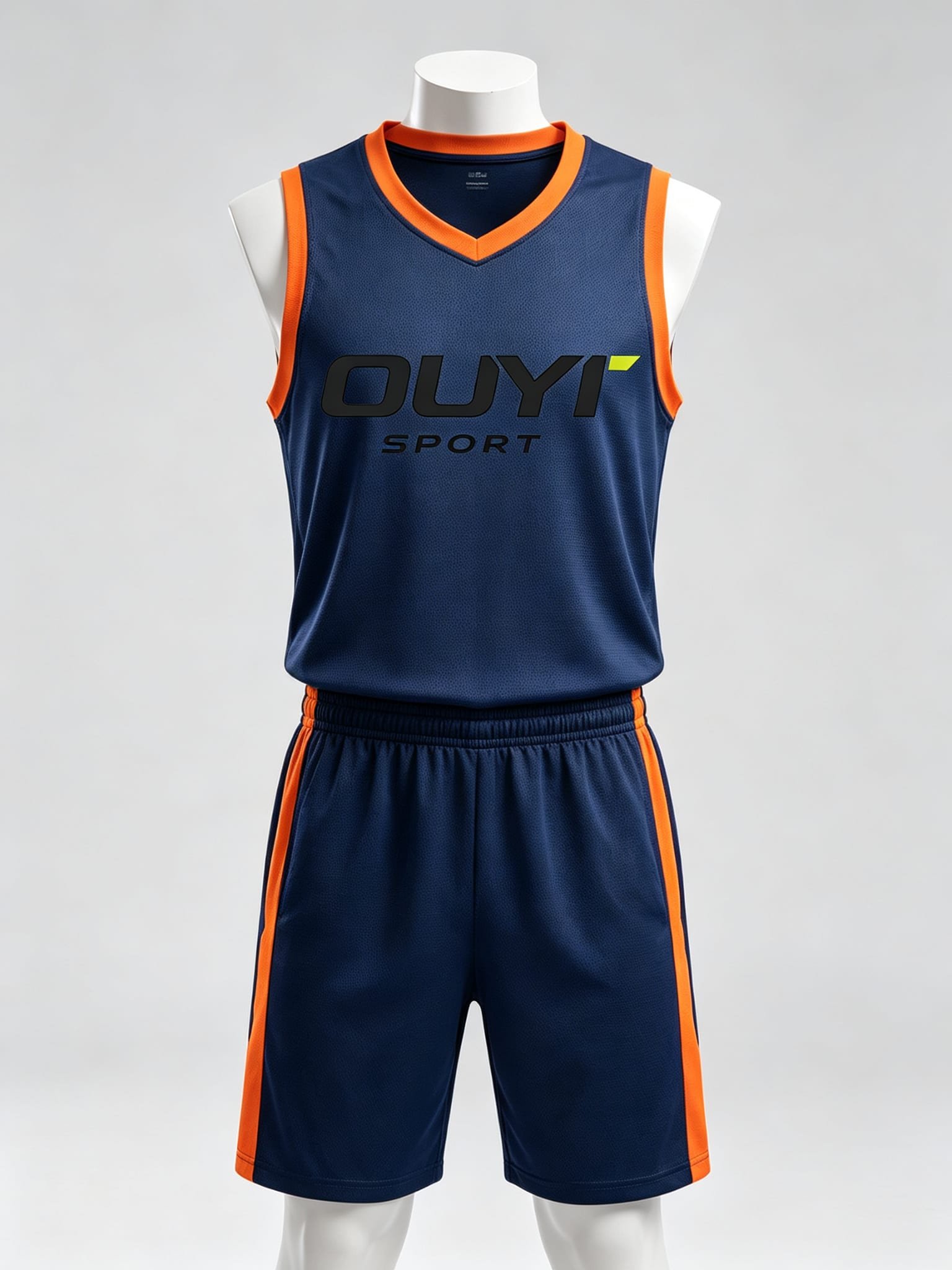 Custom navy basketball uniform with orange trim for teams