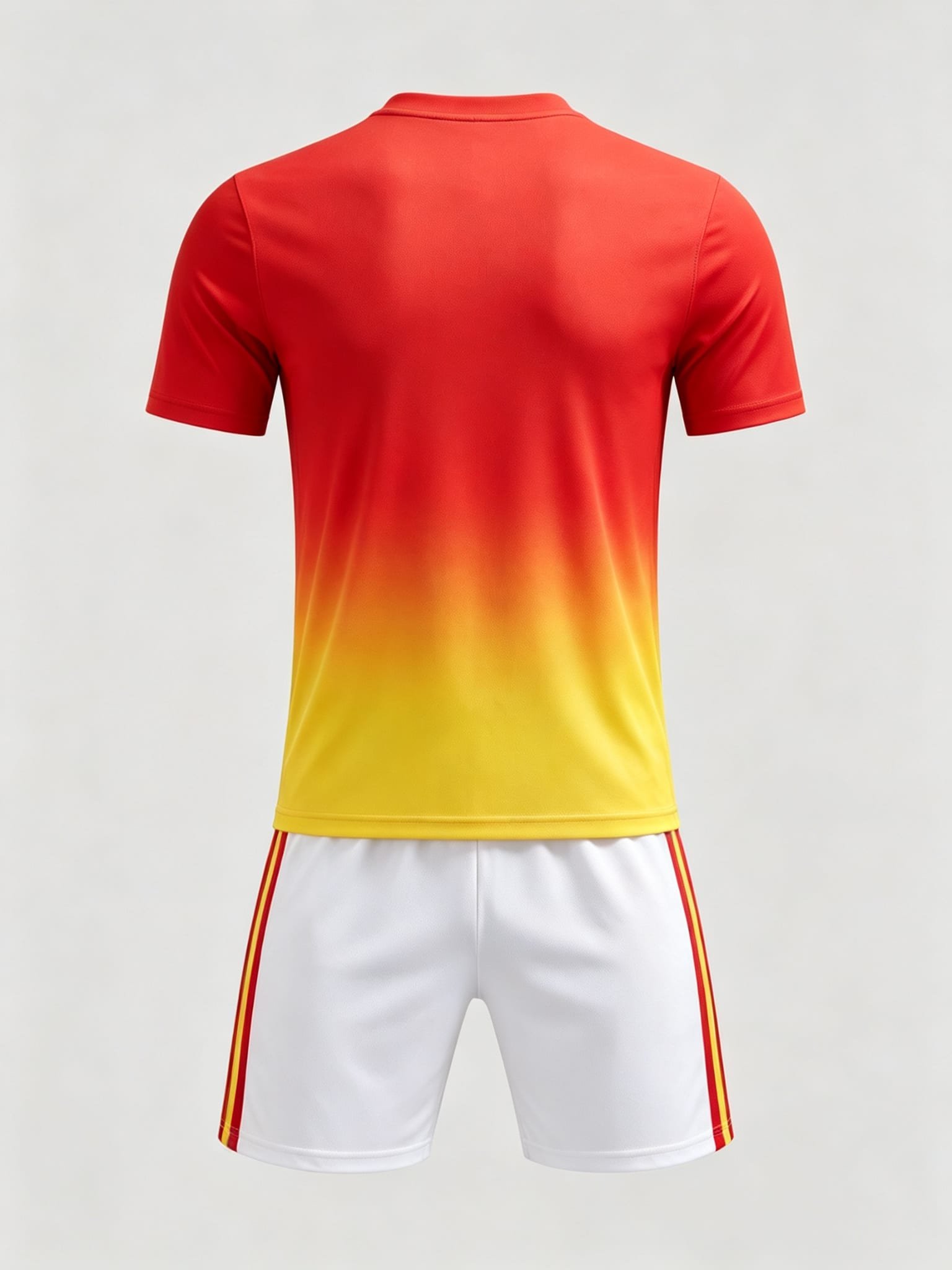 DE005 Red-Yellow Gradient Jersey custom soccer uniform set — back view, full pattern