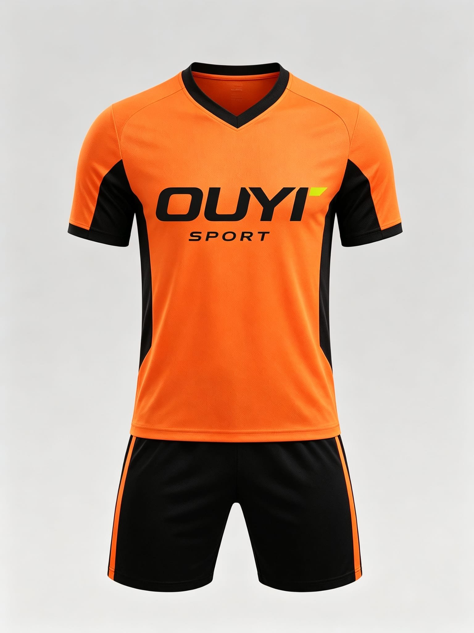 Custom orange away soccer jersey with OUYI branding and black trim for teams