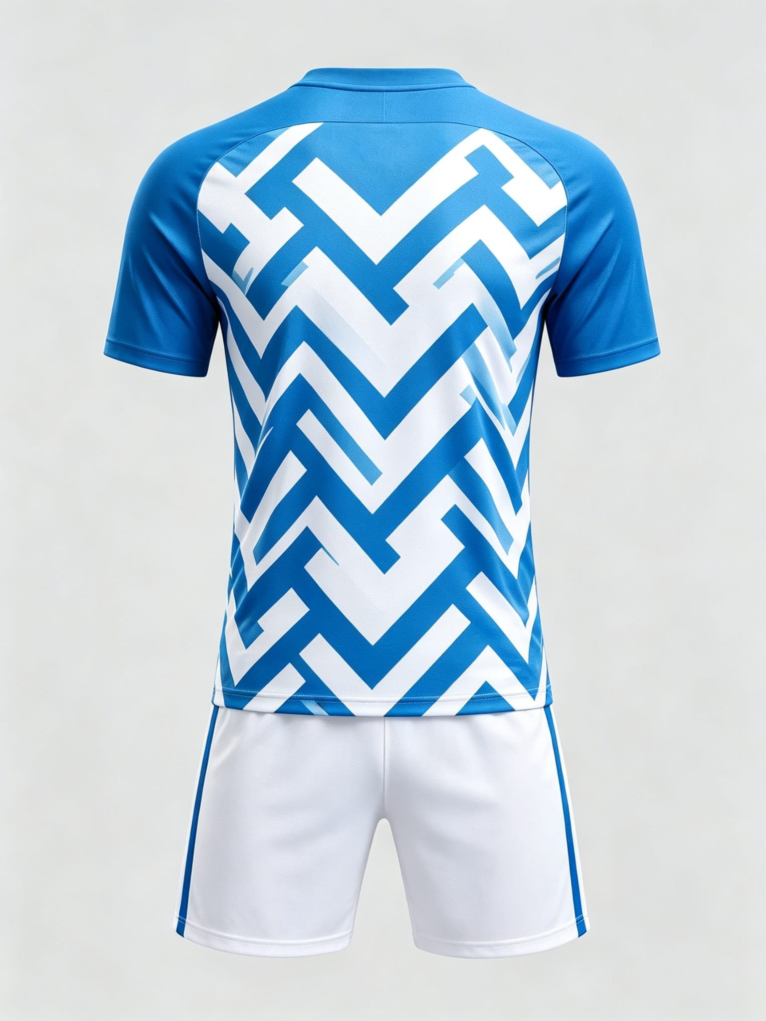 DE025 Blue-White Zigzag Jersey custom soccer uniform set — back view, full pattern