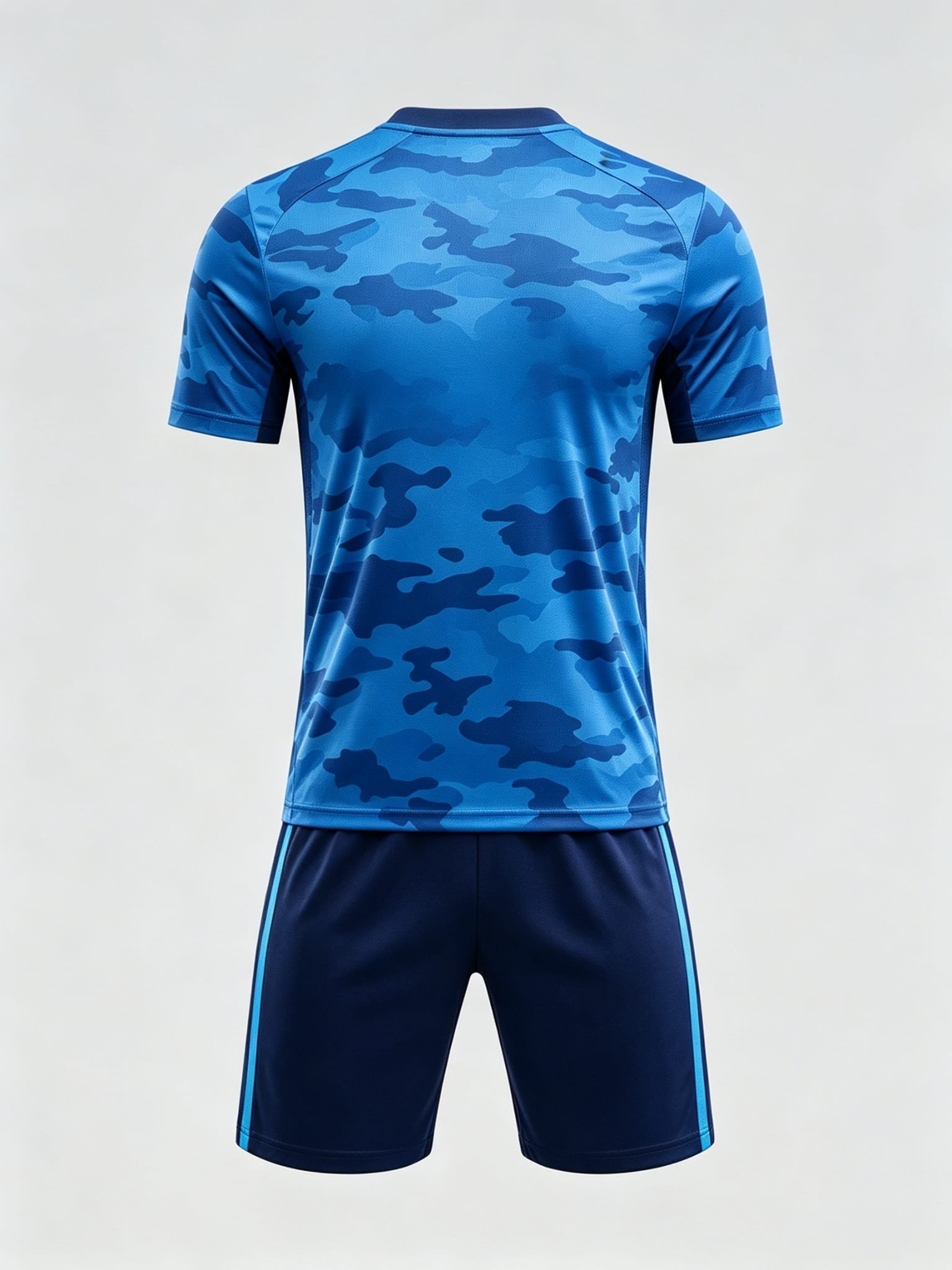 DE044 Blue Camo Jersey custom soccer uniform set — back view, full pattern