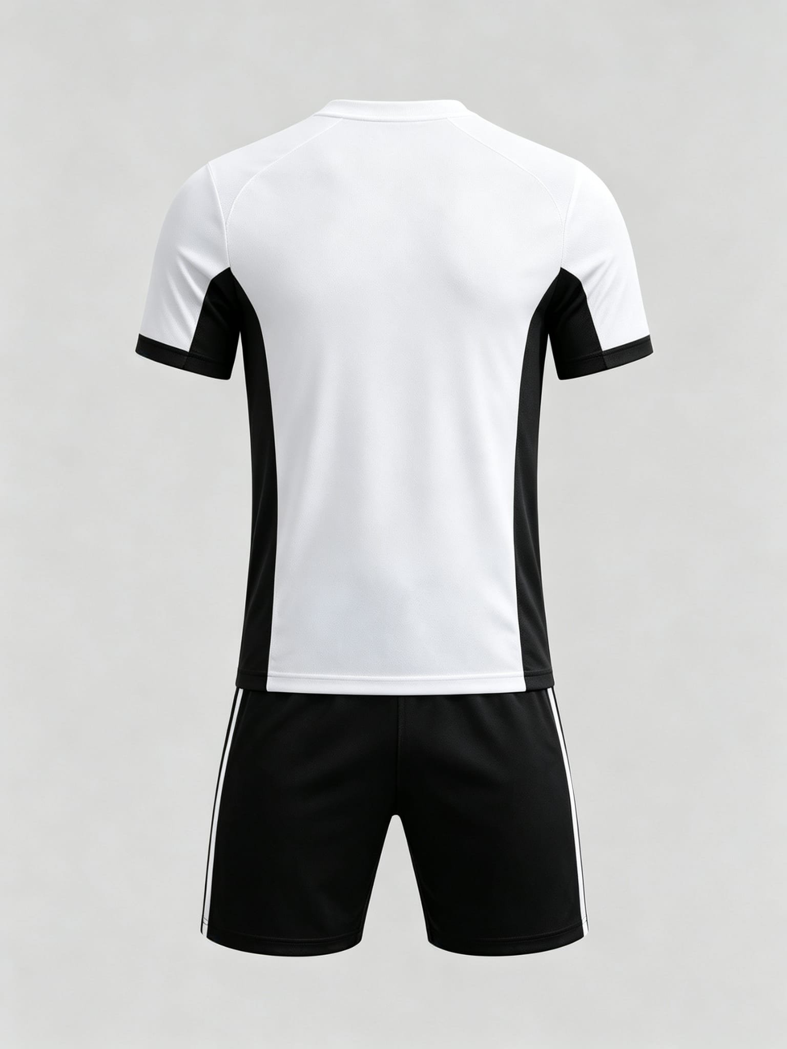DE016 White-Black Jersey custom soccer uniform set — back view, plain number area