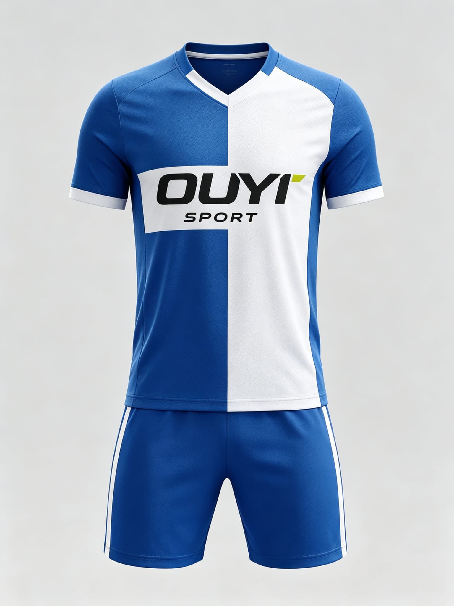 OUYI blue and white paneled soccer jersey, design from the 2026 collection