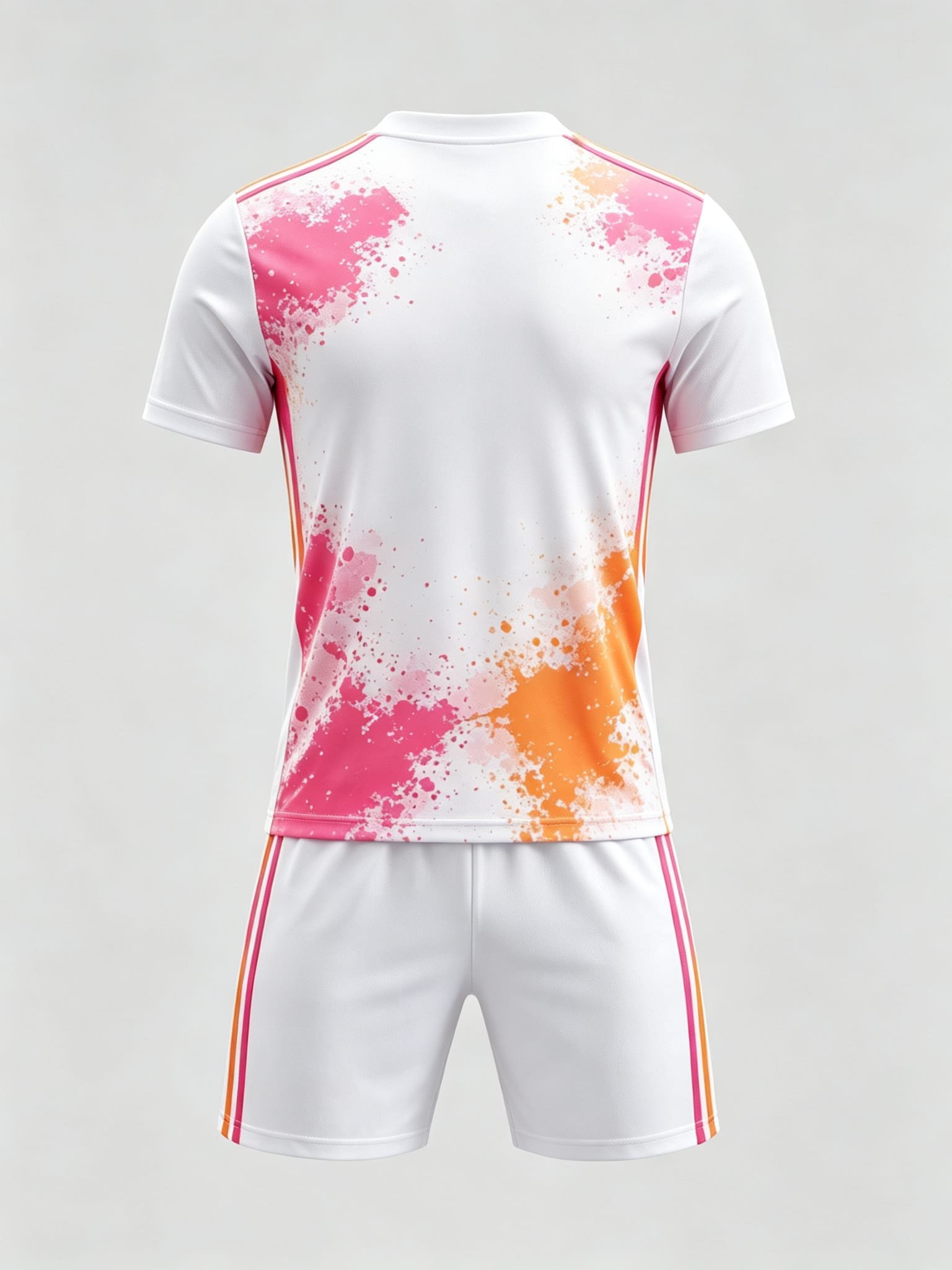 DE023 White Splash-Print Jersey custom soccer uniform set — back view, full pattern