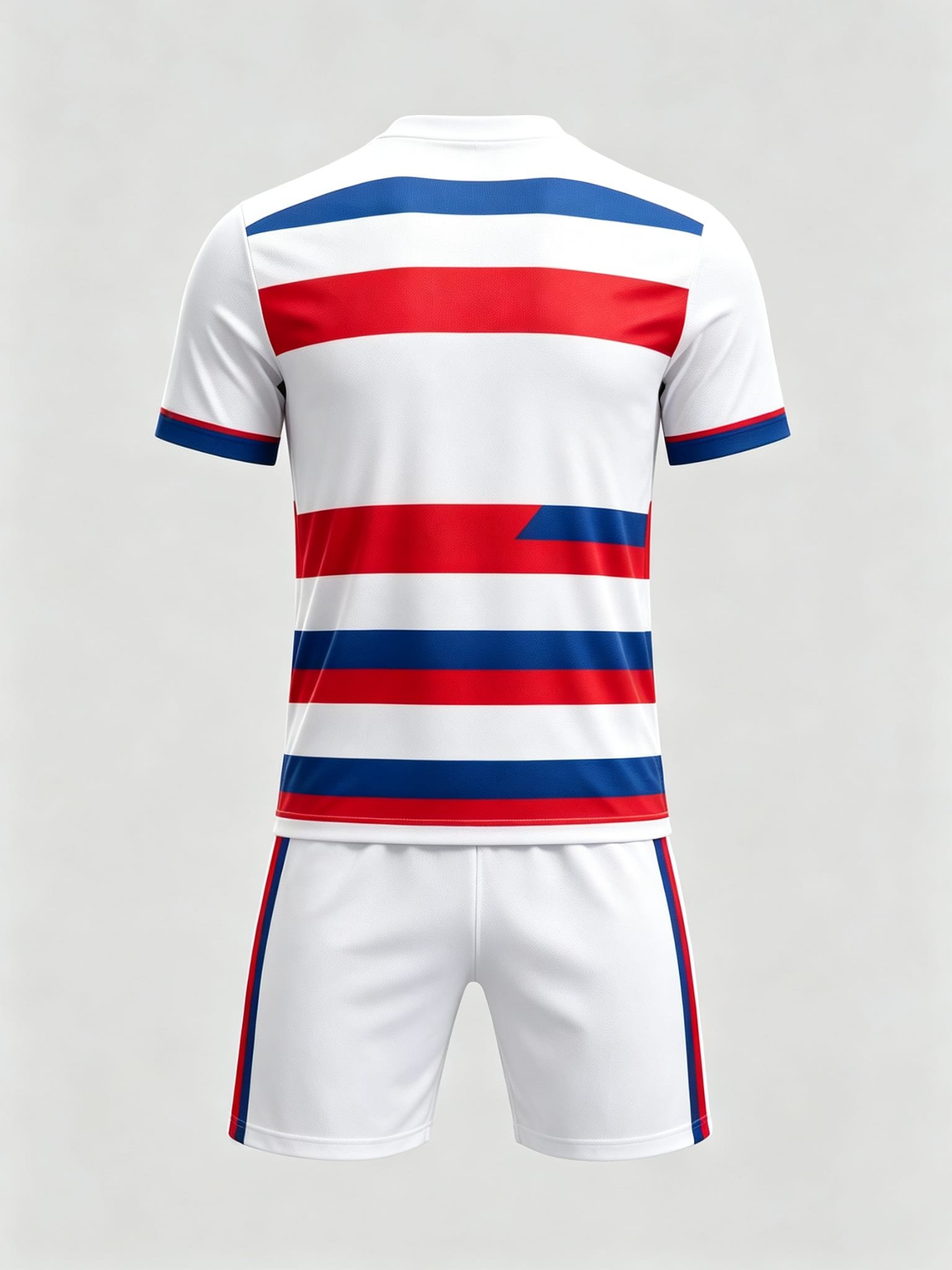 DE046 Red-Blue Striped Jersey custom soccer uniform set — back view, full pattern