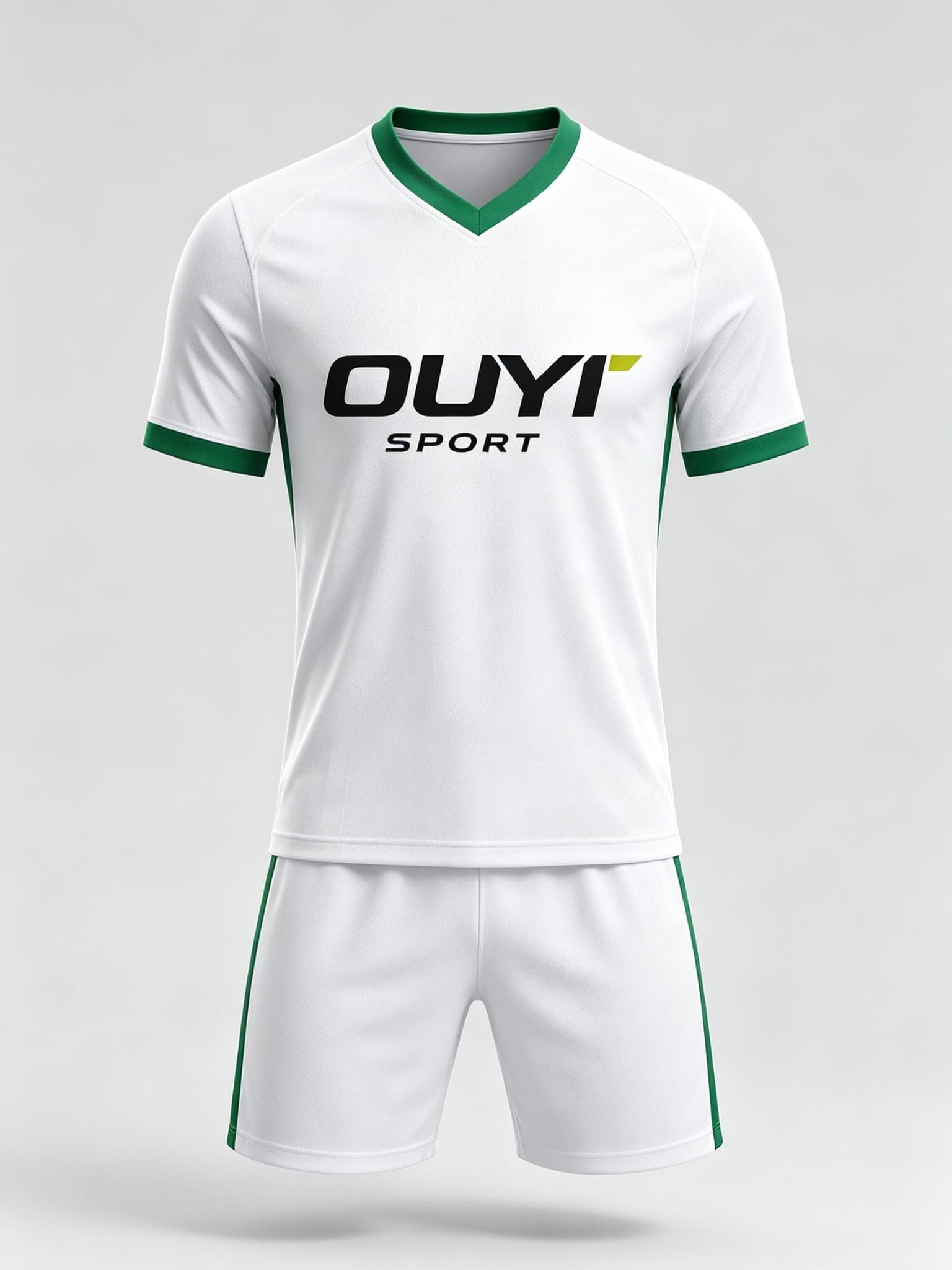 Custom white soccer jersey with OUYI branding and green trim for wholesale