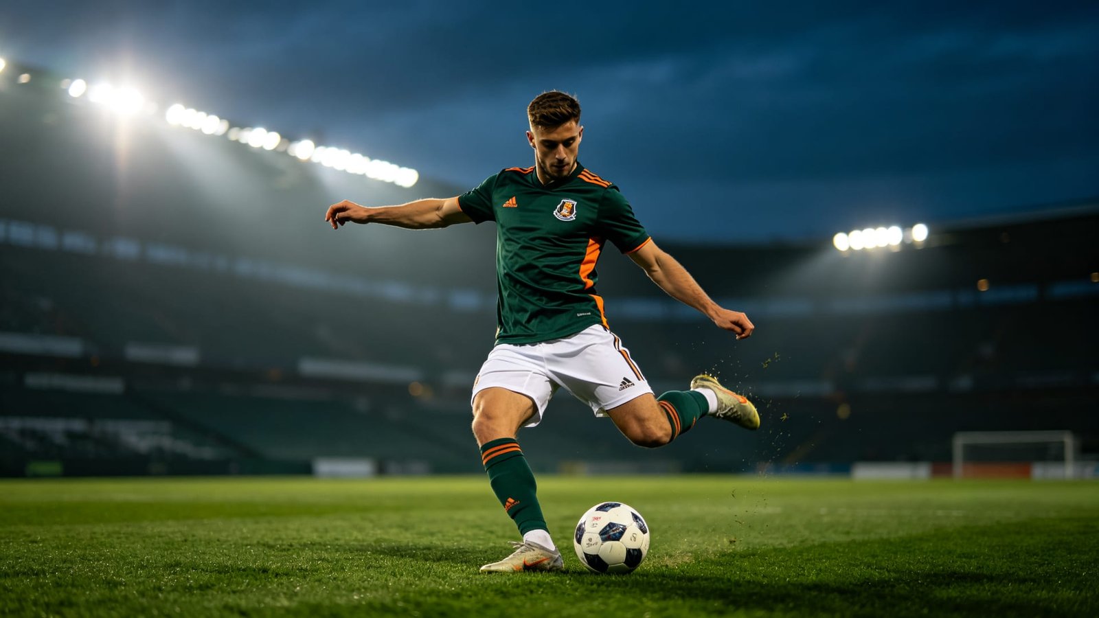 Football player in a custom green team jersey kicking a ball in a night stadium