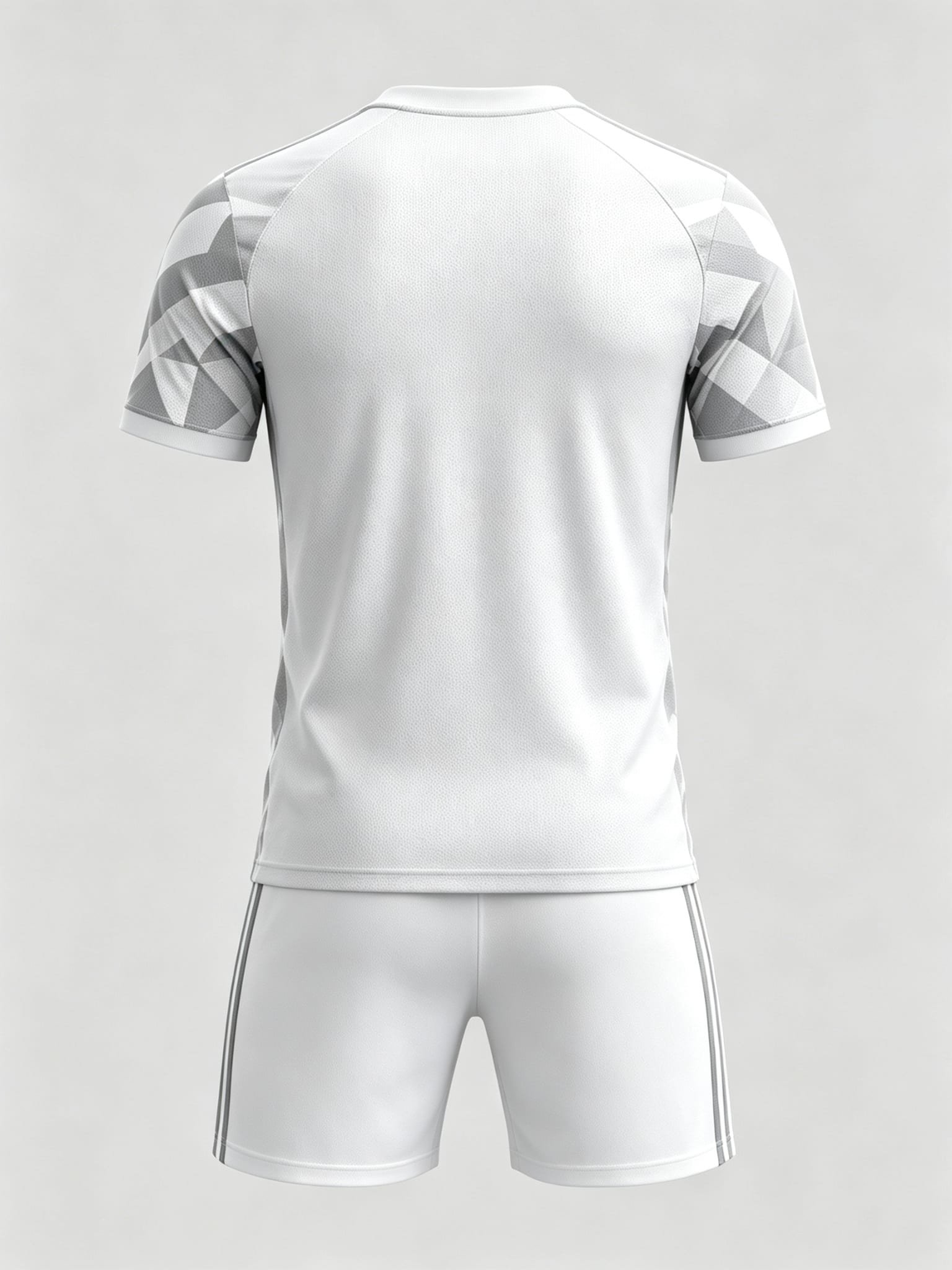 DE003 Grey-White Geometric Jersey custom soccer uniform set — back view, full geometric pattern