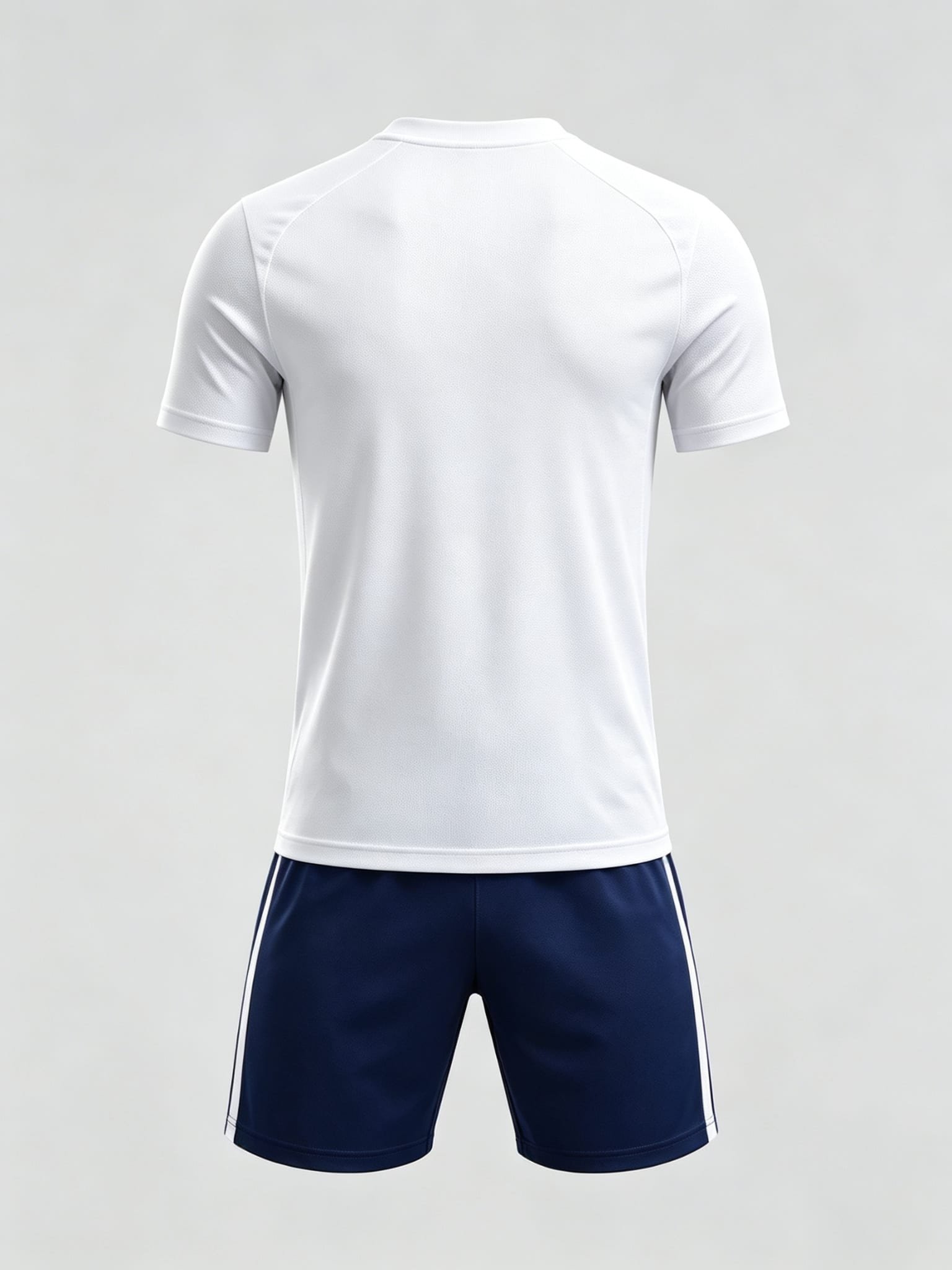 DE026 White Navy-Trim Jersey custom soccer uniform set — back view, full pattern